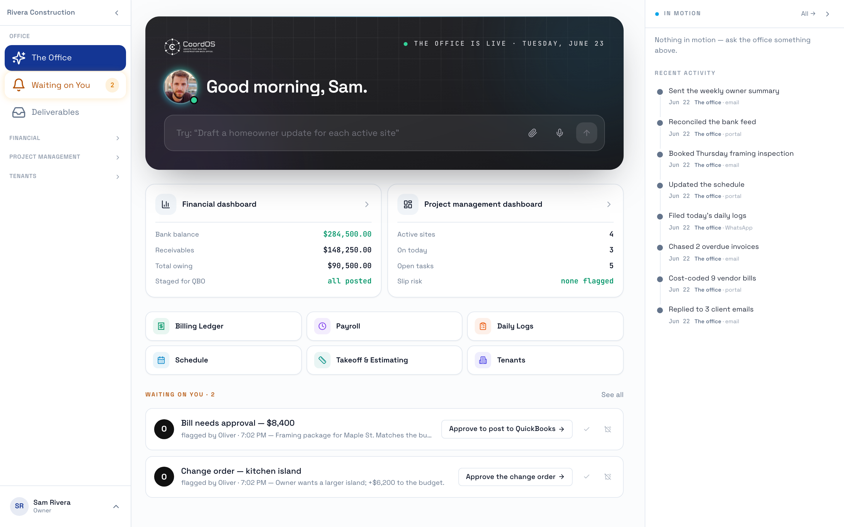 The CoordOS Office home: a morning greeting from Oliver with the office live, a financial dashboard showing bank balance, receivables and owing, a project-management snapshot of active sites and tasks, and a 'Waiting on you' list with two decisions to approve — a vendor bill and a change order. A recent-activity feed shows what the office handled overnight.
